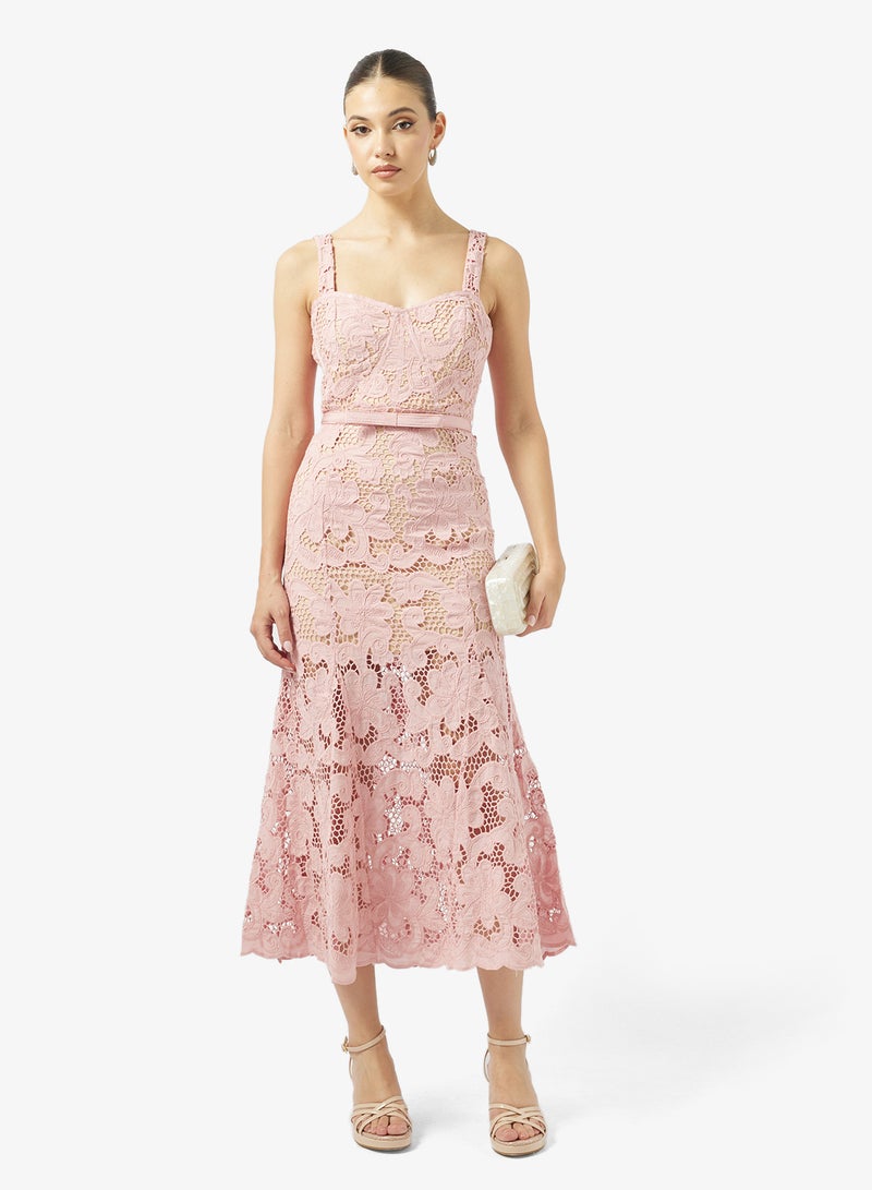 جاست مي فستان ميدي بدون أكمام بتفاصيل حزام خصر دانتيل - Image 1